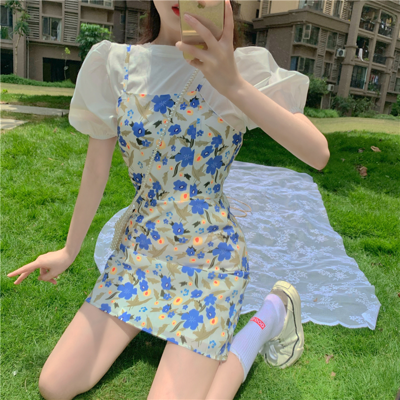 Real shot real price retro style waist dress with floral suspender + bubble sleeve shirt women's fashion suit