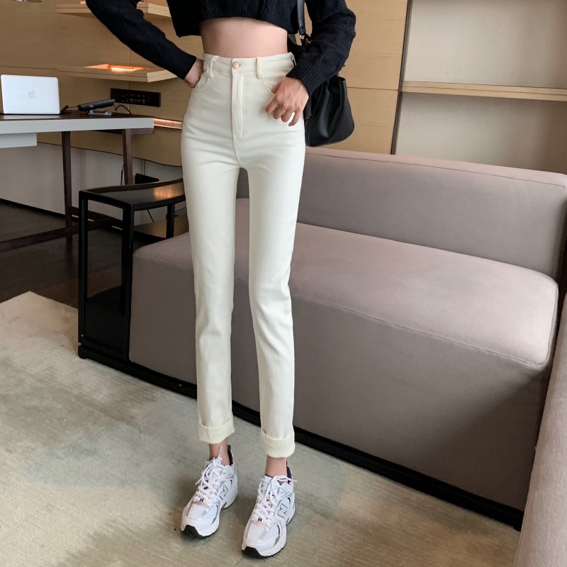 Real price Beige high waist jeans women's autumn winter 2020 new Korean slim slim little foot pencil pants