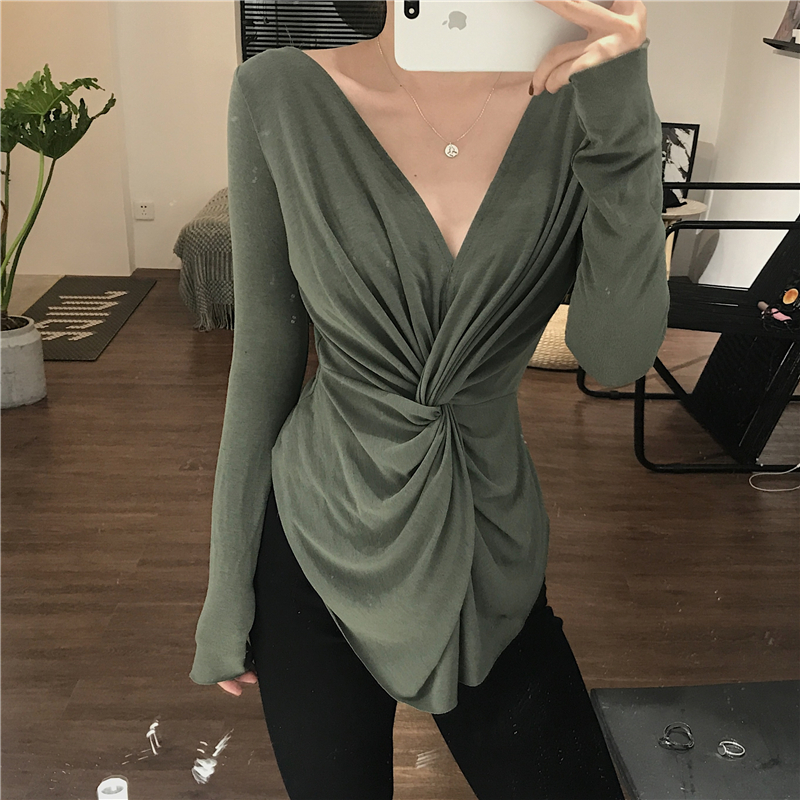 Real price temperament retro Sexy Green deep V-neck slim solid color versatile long sleeve T-shirt women's top