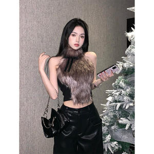 设计感小众蝴蝶结毛绒挂脖吊带背心女秋季高级感时尚短款外穿上衣