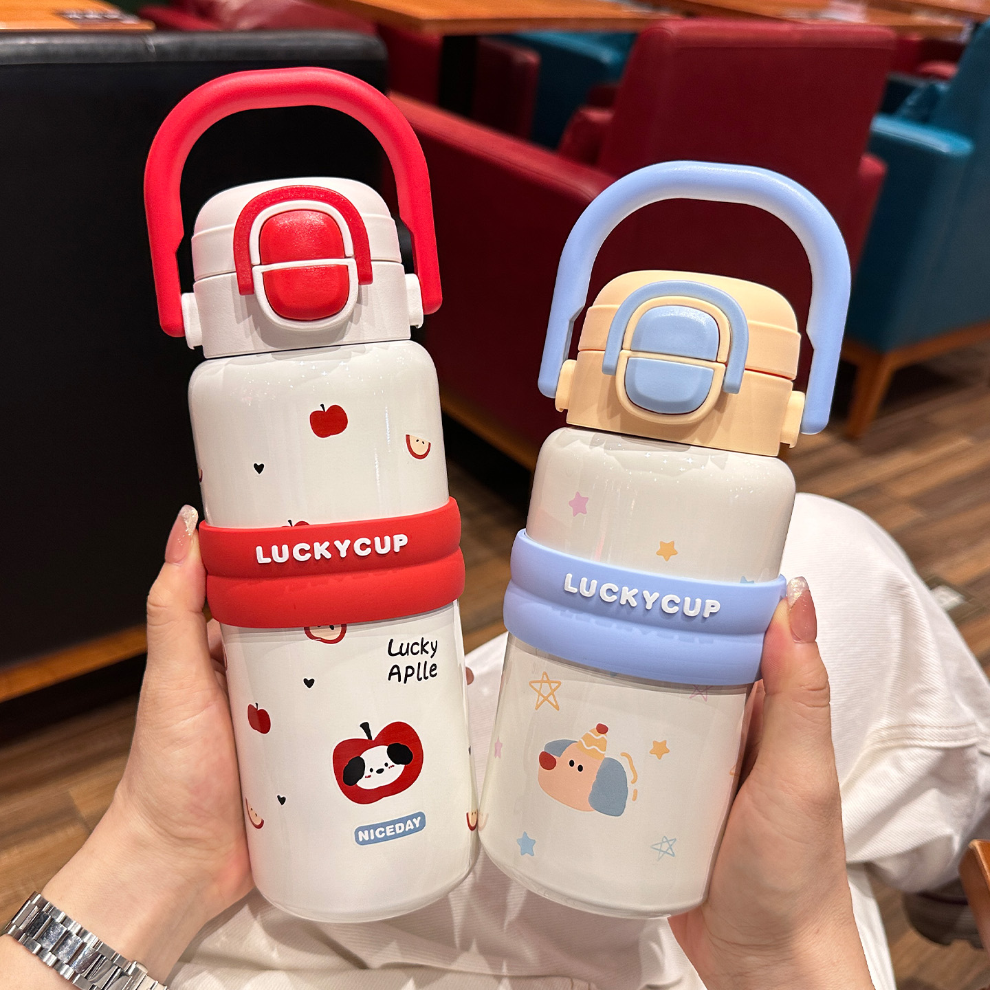 可爱儿童保温杯女生高颜值大容量便携双饮带吸管水杯学生上学专用