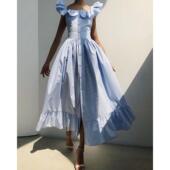 Women Dress条纹荷叶边收腰连衣裙 Ruffles Striped Print