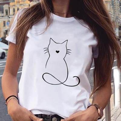 Women Graphic Cat Lovely Animal Fashion Short Sleeve Spring