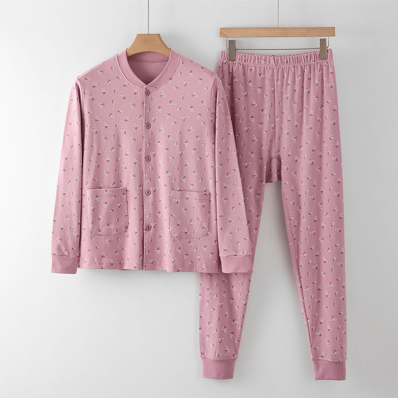 中老年人女士纯棉开衫秋衣秋裤套装妈妈对襟家居服宽松大码棉毛衫