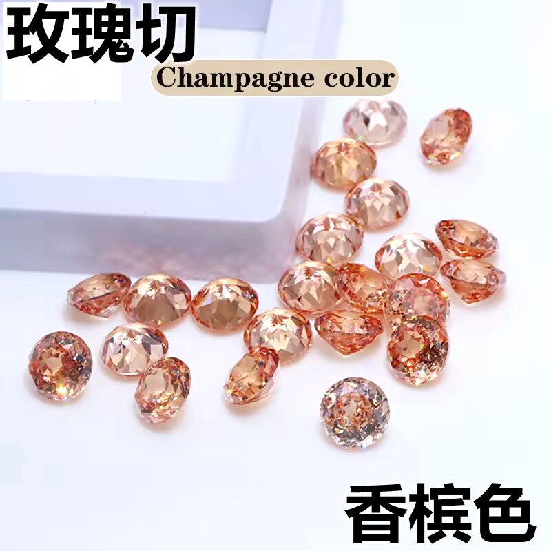 玫瑰切香槟色圆形裸石茶色爆闪戒面裸钻耳钉吊坠戒指CZ美甲钻diy