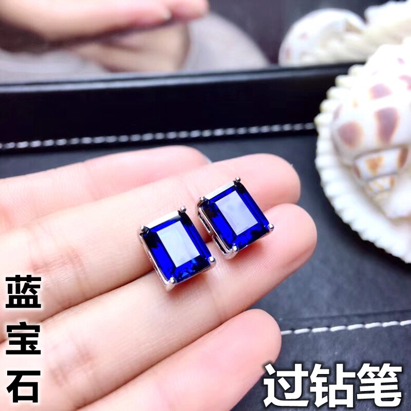 坦桑蓝宝石耳钉女长方形坦桑石纯银镀18K金镶钻耳环蓝色耳饰