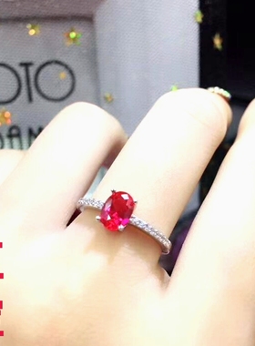 红宝石戒指女款椭圆形鸽血红女戒活圈纯银镀18K白金钻戒