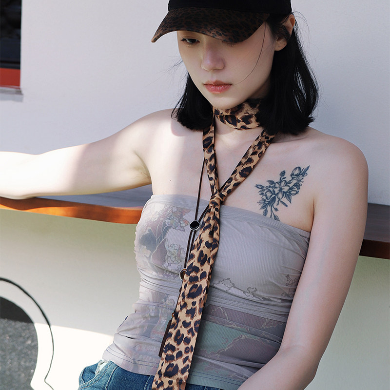 MUSTKOO豹纹细长窄高级感小领带丝巾女飘带扎头发腰带包缠带7281