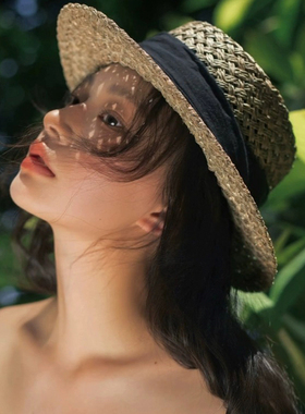 玛诗杜复古风格咸草草编帽子夏天法式遮阳帽镂空日系平顶礼帽7777