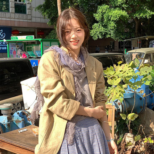 玛诗杜MUSTKOO 古早灰蓝色波点蕾丝边木耳边长款丝巾女款MS-7302