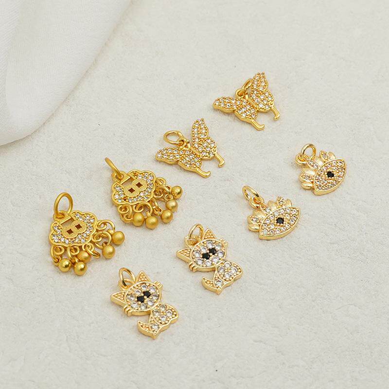 14K包金微镶锆石猫咪眼睛蝴蝶平安锁吊坠手工diy项链项坠吊饰材料