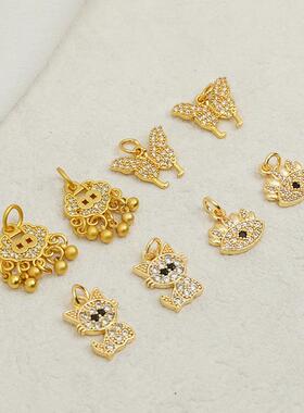 14K包金微镶锆石猫咪眼睛蝴蝶平安锁吊坠手工diy项链项坠吊饰材料