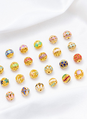 铜镀18K金保色滴油珐琅彩镂空花球隔珠diy手工手链项链饰品配件