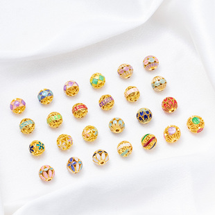 铜镀18K金保色滴油珐琅彩镂空花球隔珠diy手工手链项链饰品配件