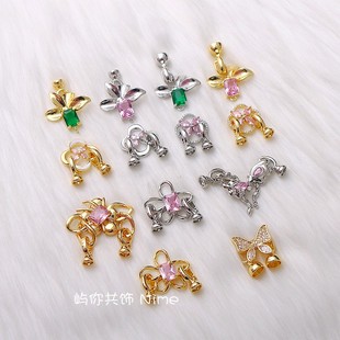 14K保色镶锆石蝴蝶四叶手链珍珠圆双扣头链接项链diy饰品配件