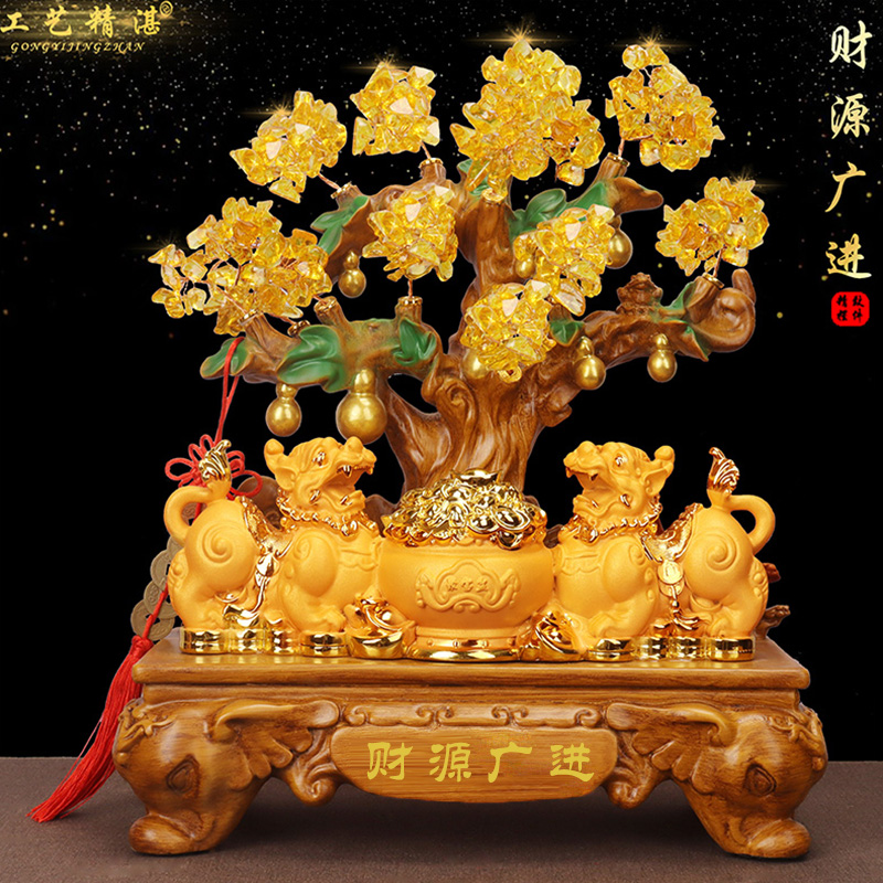 水晶树绒沙金貔貅一对聚宝盆摆件招财店铺公司开业礼物客厅装饰品