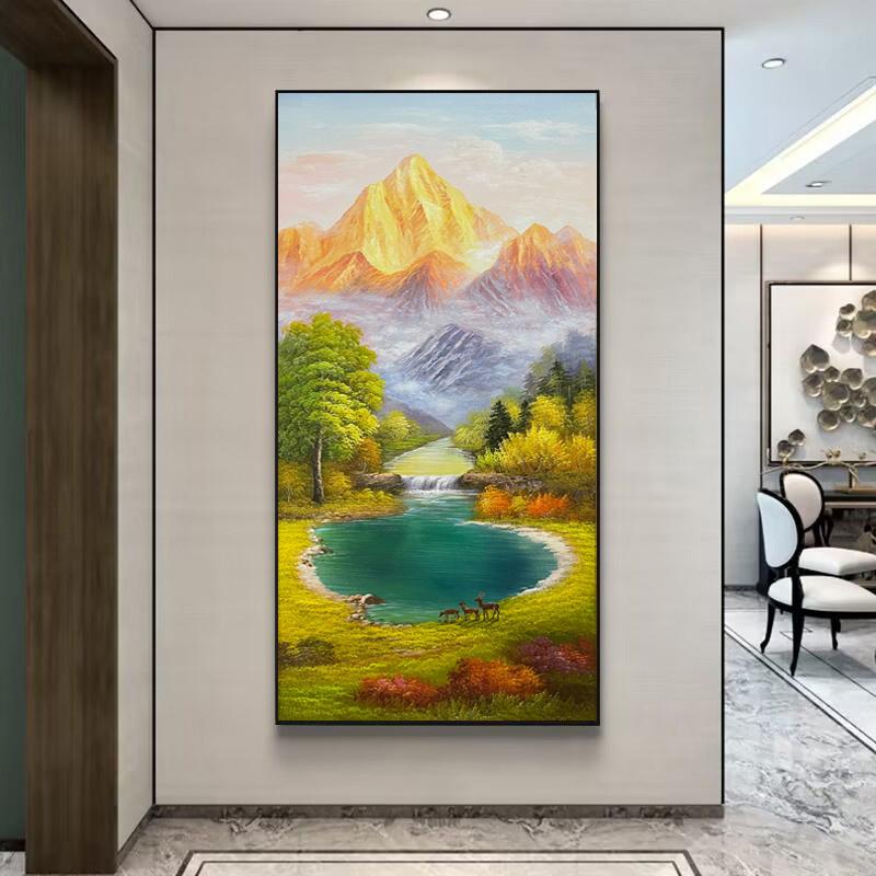 手绘油画风景山水金山聚宝盆玄关装饰画走廊过道挂画竖版轻奢壁画图片