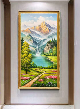 手绘油画风景山水金山聚宝盆玄关装饰画走廊过道挂画竖版轻奢壁画