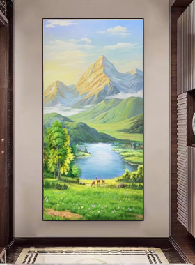 手绘金山新中式山水风景油画玄关过道饰画招财风水聚宝盆