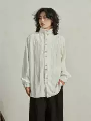 Sunyvonne - Niche Design, Simple Texture, Pleated Stand-Up Collar Long-Sleeve Shirt, Vintage Wood Grain Button Shirt