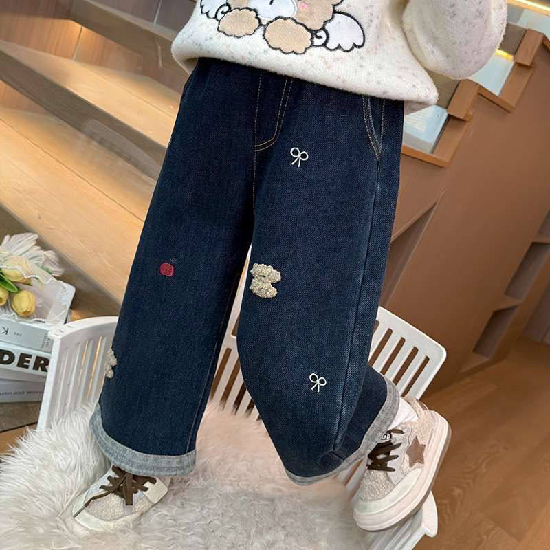 女童加绒阔腿牛仔裤一体绒秋冬季2025新款女宝宝加厚休闲直筒裤子