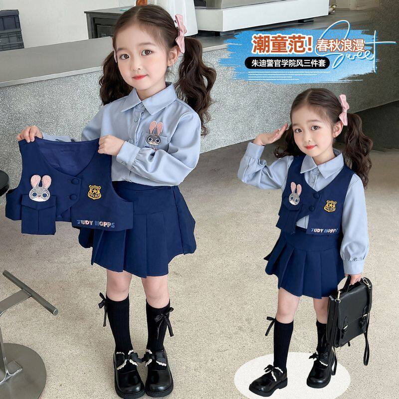 女童连衣裙2026新款春秋款儿童洋气时髦衬衫马甲百褶裙三件套潮