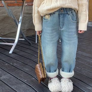 加厚裤 女童加绒牛仔裤 宝宝冬装 儿童洋气羊驼绒长裤 子 秋冬2024新款