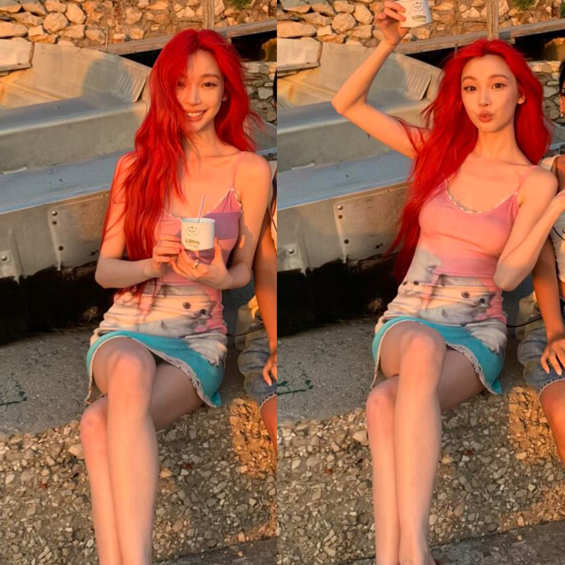 易梦玲同款喵喵印花吊带连衣裙女