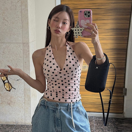 #Sisjuly#曼谷高街少女粉色波点印花V领挂脖式吊带女修身百搭背心