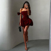 跨年party名媛气质 Sisjuly 蝴蝶结细闪花苞拼接抹胸连衣裙女秋