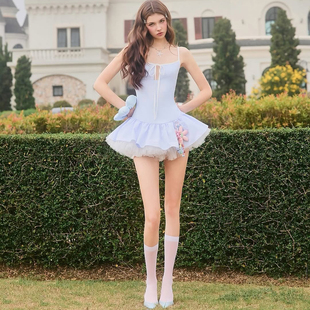 条纹镂空设计蓬蓬吊带连衣裙女夏 Sisjuly 法式 碎冰铃兰甜美少女