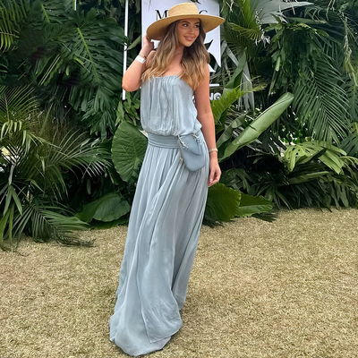 雾霾蓝垂感轻纱开叉吊带连衣裙女