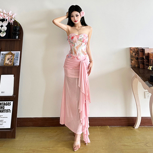 系带包臀裙套装 亚裔少女越南风超可爱粉嫩fafa抹胸 女 Sisjuly