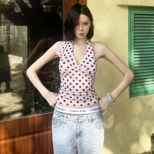 Sisjuly 百搭短款 法式 修身 上衣 甜妞褶皱波点印花挂脖吊带背心女