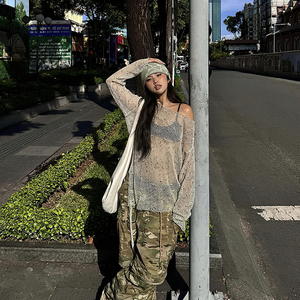 #Sisjuly# 嬉皮复古街头设计斜肩针织网眼镂空宽松百搭T恤女显瘦