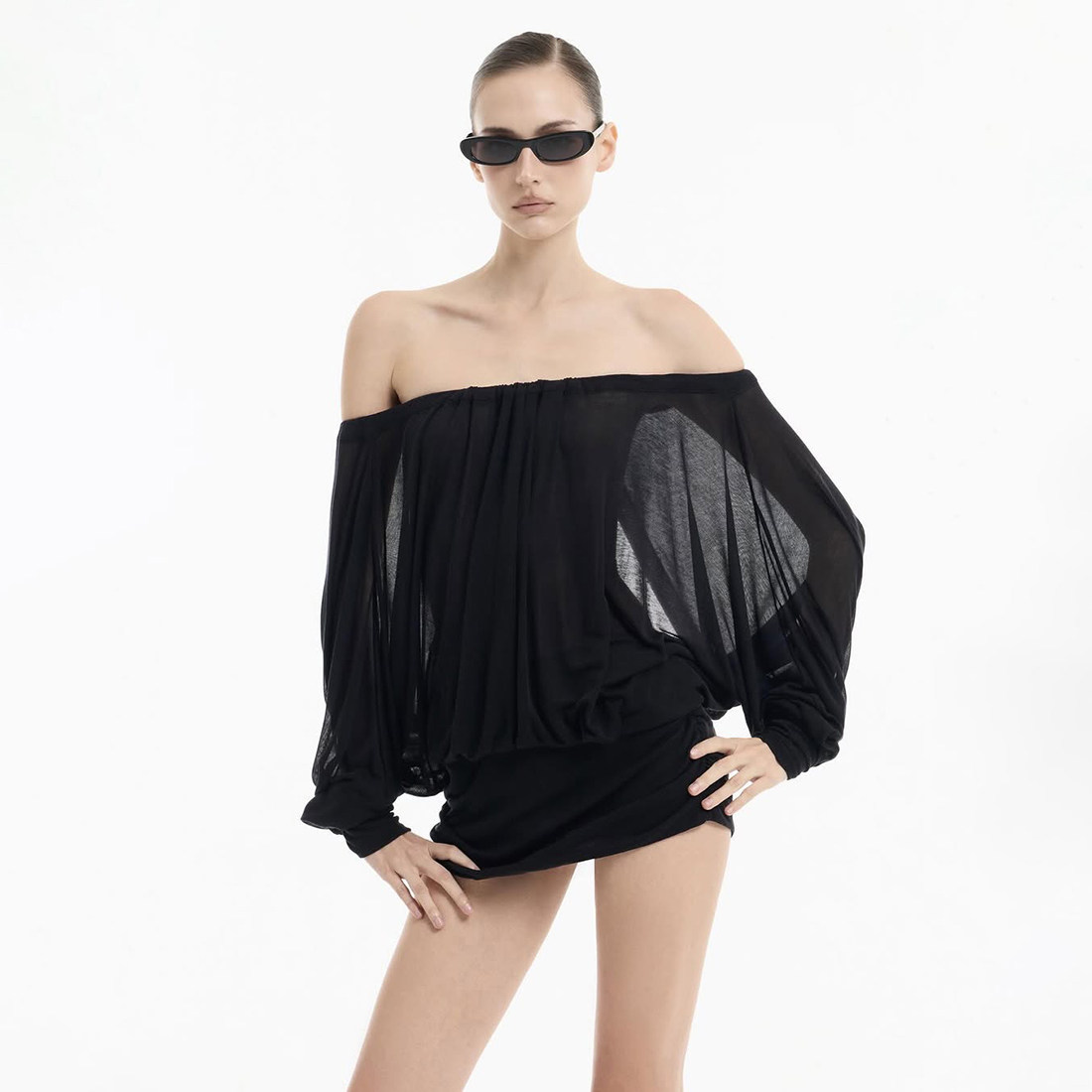 #Sisjuly#红雾魅惑妖姬 轻纱透视感sexy垂感一字肩长袖连衣裙女夏