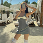 铆钉短裙套装 饰吊带背心 甜辣风cowgirl撞色蝴蝶结装 女 Sisjuly