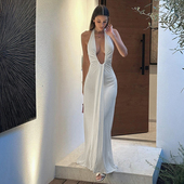 显瘦挂脖连衣裙女长裙 v镂空性感修身 Sisjuly 欧美冷艳御姐deep