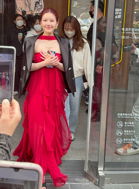 #Sisjuly# 赵露思同款塞纳河畔优雅气质法式烈焰红色吊带连衣裙女