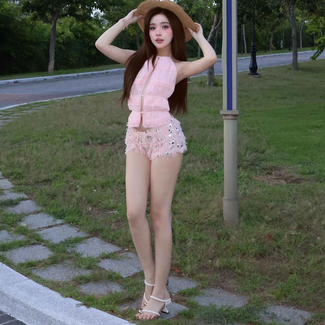 #Sisjuly#甜心度假褶皱镂空露背开叉吊带 毛茸茸亮片短裤套装女夏,女装/女士精品,休闲运动套装,淘宝优惠券,粉丝福利购,淘宝优惠卷