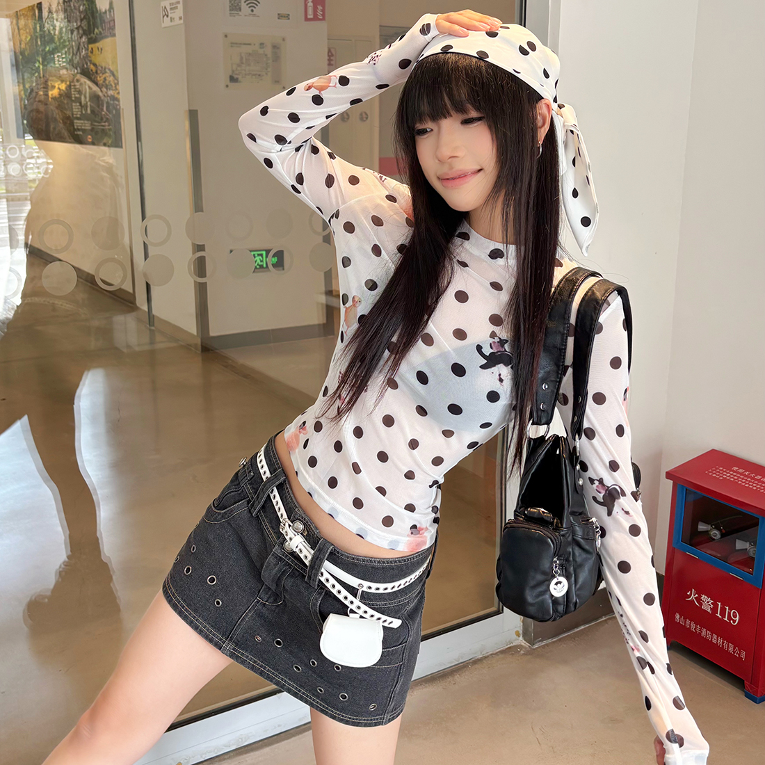 印花波点轻薄透视感长袖T恤女夏