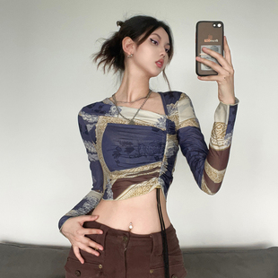 T恤女 vintage古着油画风斜腰不规则长袖 法式 百搭上衣 Sisjuly