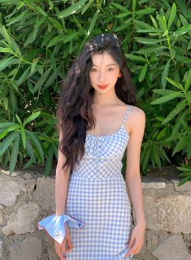 #Sisjuly# 易梦玲同款小清新度假风复古格子吊带裙女茶歇温柔裙子