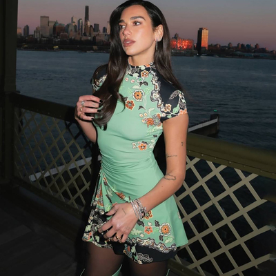 复古雅致印花时尚立领短袖连衣裙