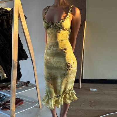 绿光森林碎花印染木耳边连衣裙女