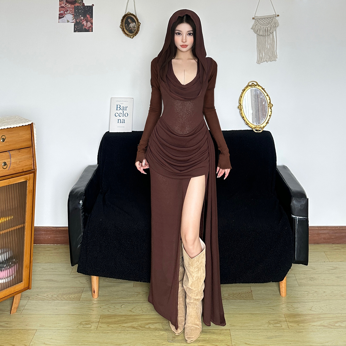 褶皱开叉飘带连帽微透长袖连衣裙