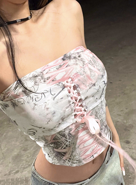 #Sisjuly#设计感蝴蝶结交叉系带抹胸女 复古宫廷风印花显瘦上衣潮