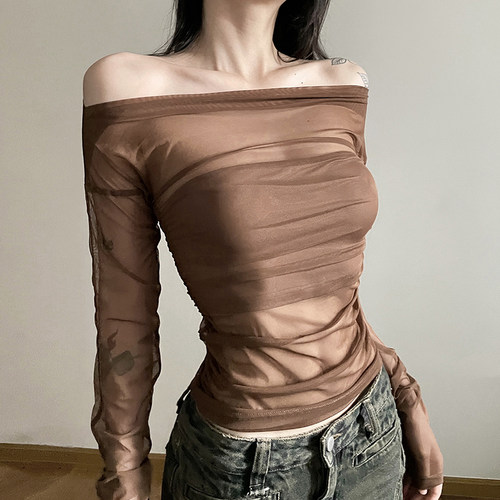 美拉德辣妹一字肩网纱百搭T恤女
