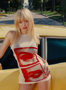 #Sisjuly#Jennie新歌同款个性小众印花圆领复古辣妹修身连衣裙女