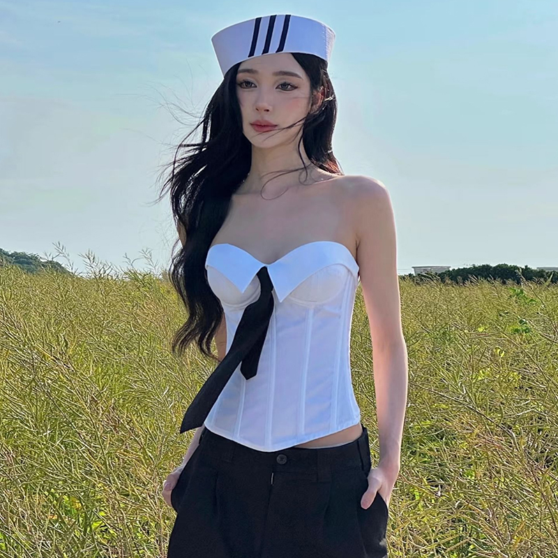#Sisjuly#易梦玲同款禁欲性感polo领设计鱼骨抹胸 休闲长裤套装女